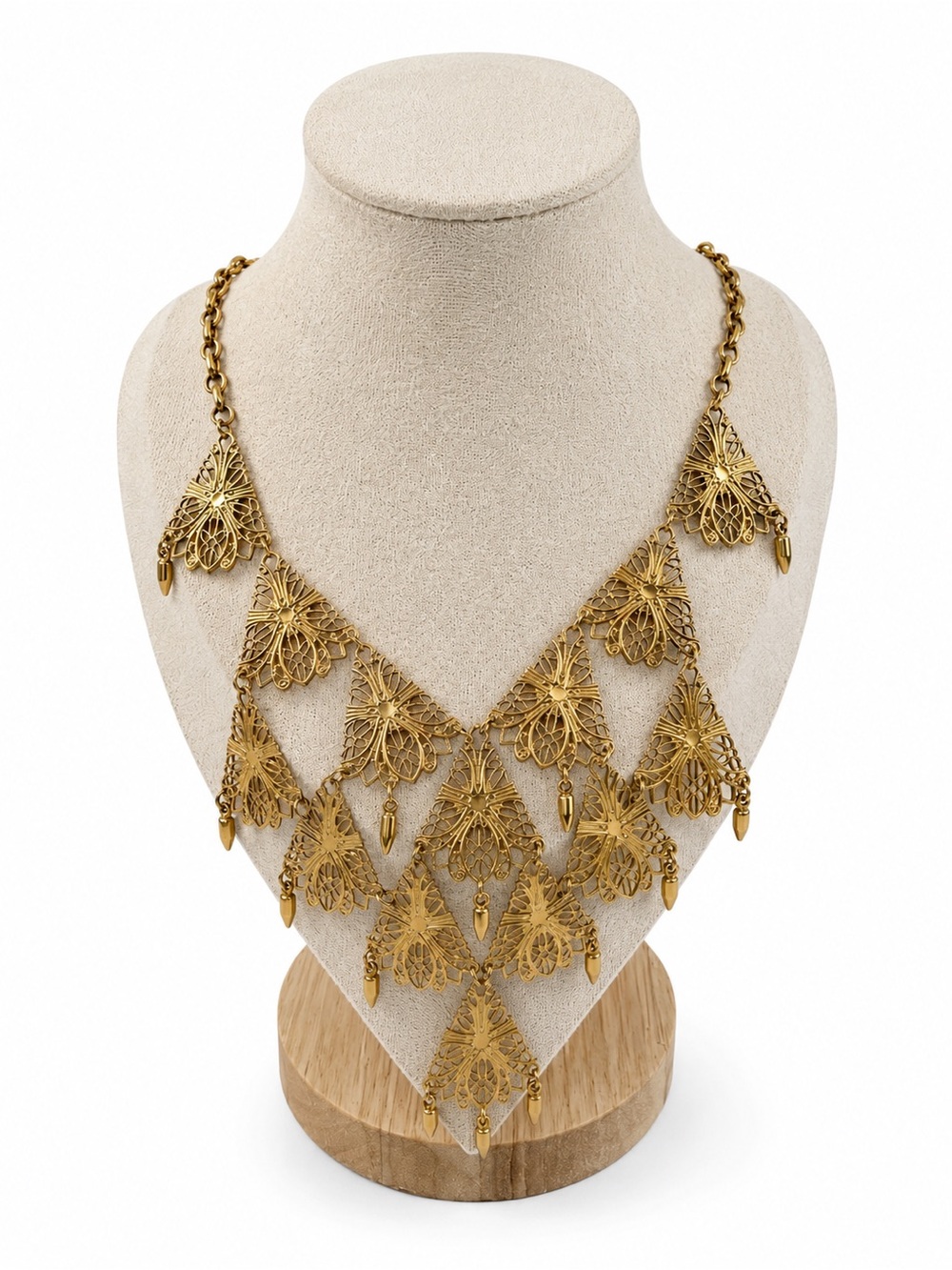 Vintage Signed Vendome Gold Tone Filigree Statement Bib Necklace 18”